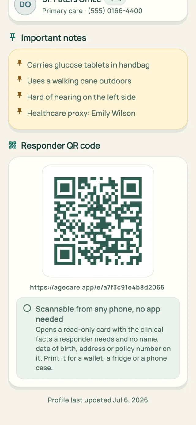 The emergency profile screen showing a scannable QR code and the address it opens.