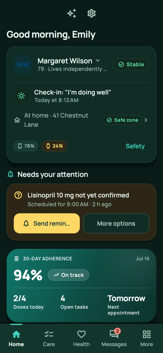 The same family dashboard in dark mode.