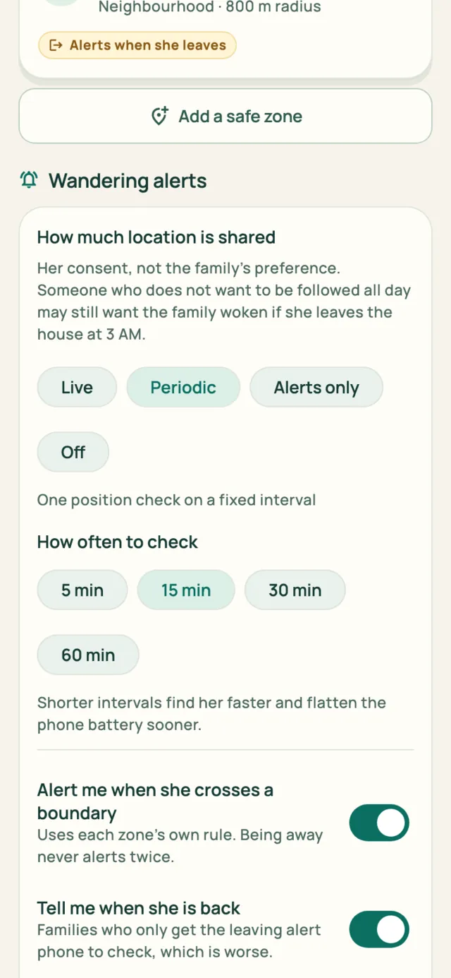 Wandering alert settings: how much location is shared, how often to check, alerts on boundary crossings, a message when she is back, and a warning before the phone battery dies.